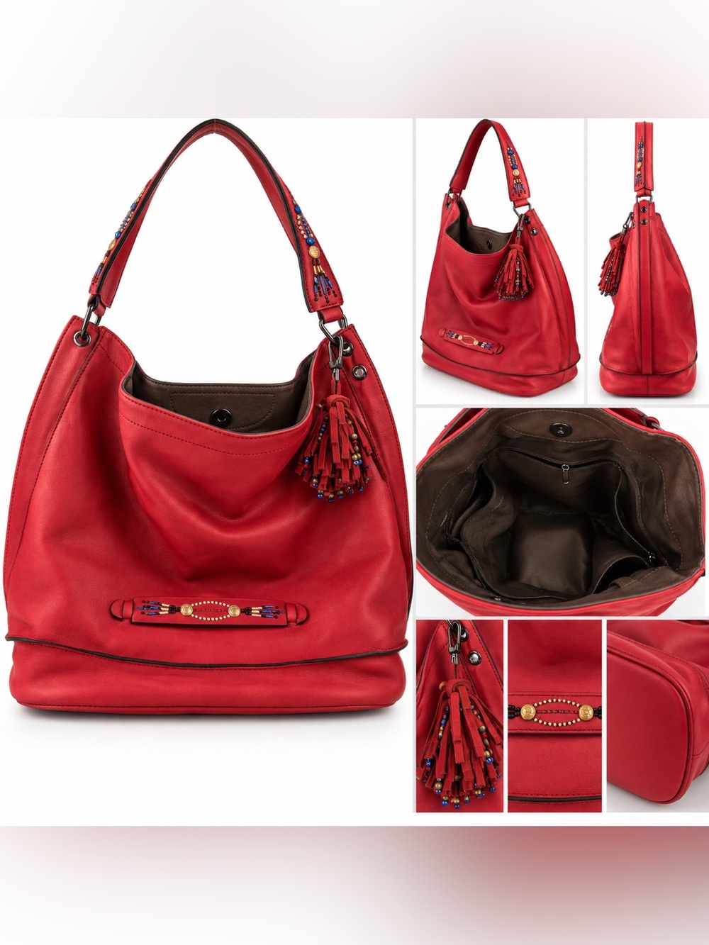 LONGCHAMP 3D MASSAÏ Red Leather Beaded Tassel Bag Made in France